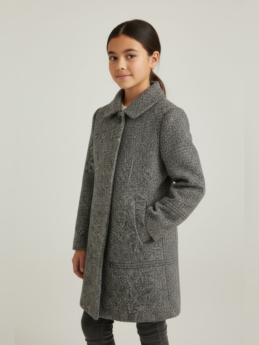 Vintage European Wool Cashmere Girls' Grey Wool-Blend Collar Coat